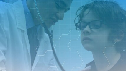 Poster - Chemical structure moving against male doctor examining young boy