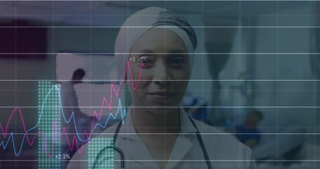 Poster - Statistical data processing against female doctor smiling in hospital