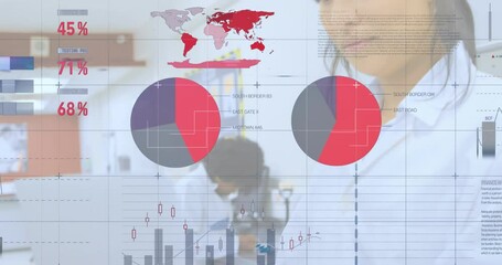 Poster - Statistical data processing against female scientist using laptop in laboratory