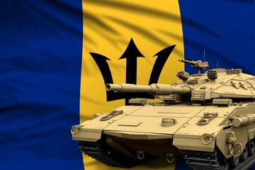 Heavy tank with fictional design on Barbados flag background - modern tank army forces concept, military 3D Illustration