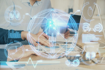 Aufkleber - Science hologram with man working on computer on background. Concept of study. Double exposure.