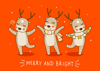 Sticker - Cute little deers on red background - cartoon characters for funny Christmas and New Year winter greeting card and poster design