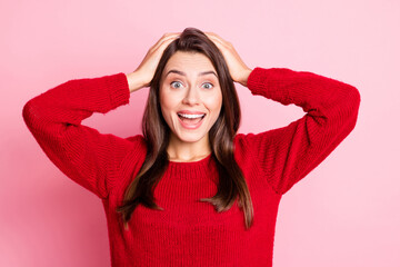 Wall Mural - Photo of young lovely lady amazed arms head open mouth wear red pullover isolated pink color background