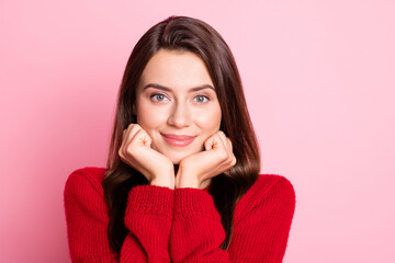 Poster - Closeup headshot photo portrait of happy cute female student keeping hands near cheeks smiling isolated on pink color background