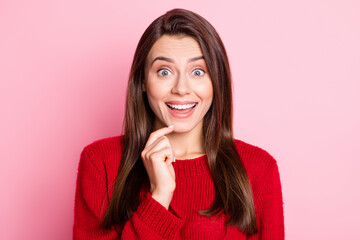 Wall Mural - Photo portrait of happy surprised female student with brunette straight hair smiling cheerfully touching face isolated on pink color background