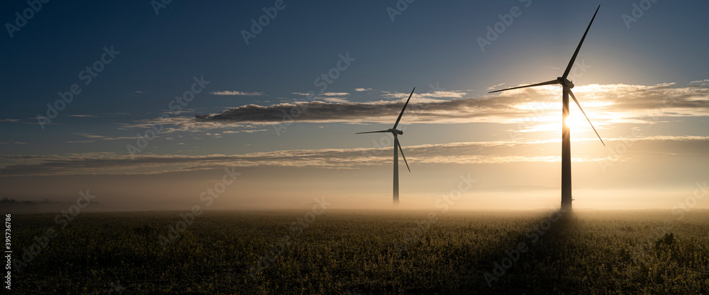 Fotografia Two wind turbines in the early morning fog at sunrise in the English countryside