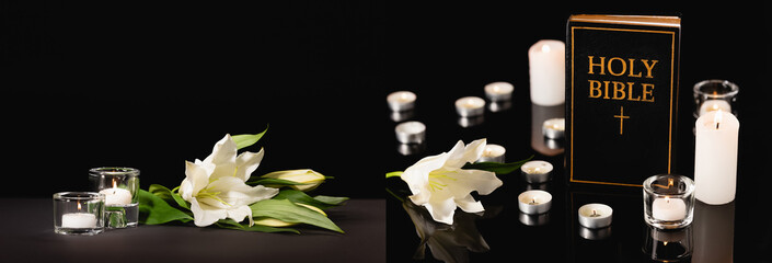 Poster - lily, candles and holy bible on black , funeral concept, banner