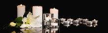 Lily, Candles On Black , Funeral Concept, Banner