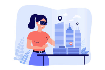 Female architect engineer building 3d city model in digital glasses flat vector illustration. Cartoon character modeling office houses on table via VR. Construction and headset vision concept