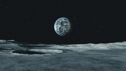 Wall Mural - View of the planet Earth from the surface of the Moon. Airless space. Simulated drone flight. High quality 3d animation. Dolly zoom effect