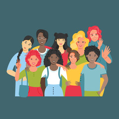 Multicultural group of people is standing together. Team of colleagues, students, happy men and women. Multinational society. Friendship, teamwork and cooperation. Vector flat illustration.

