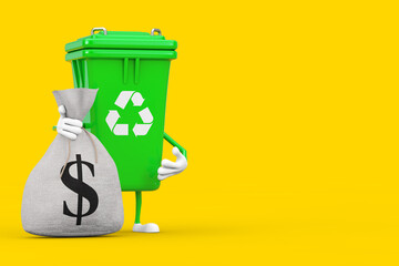 Poster - Recycle Sign Green Garbage Trash Bin Character Mascot with Tied Rustic Canvas Linen Money Sack or Money Bag with Dollar Sign. 3d Rendering