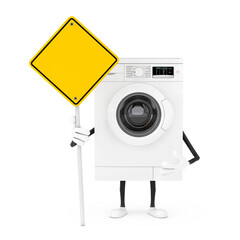 Aufkleber - Modern White Washing Machine Character Mascot and Yellow Road Sign with Free Space for Yours Design. 3d Rendering