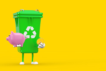 Poster - Recycle Sign Green Garbage Trash Bin Character Mascot with Piggy Bank and Golden Dollar Coin. 3d Rendering