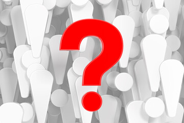 Poster - red question mark in front of a lot of white exclamation marks background. 3d rendering