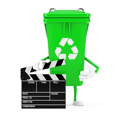 Poster - Recycle Sign Green Garbage Trash Bin Character Mascot with Movie Clapper Board . 3d Rendering