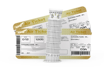 White Leaning Pisa Tower in front of Two Golden Business or First Class Airline Boarding Pass Fly Air Tickets. 3d Rendering