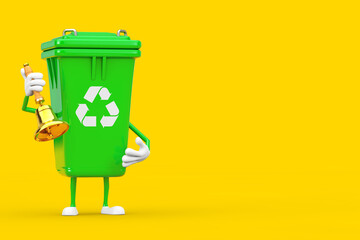Poster - Recycle Sign Green Garbage Trash Bin Character Mascot with Vintage Golden School Bell. 3d Rendering