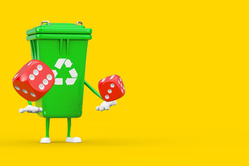 Poster - Recycle Sign Green Garbage Trash Bin Character Mascot with Red Game Dice Cubes in Flight. 3d Rendering