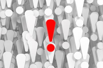 Poster - a lot of white exclamation marks with one red as background. 3d rendering