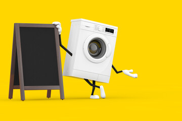 Aufkleber - Modern White Washing Machine Character Mascot with Blank Wooden Menu Blackboards Outdoor Display. 3d Rendering