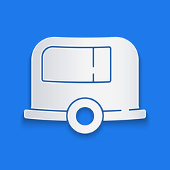 Sticker - Paper cut Rv Camping trailer icon isolated on blue background. Travel mobile home, caravan, home camper for travel. Paper art style. Vector.