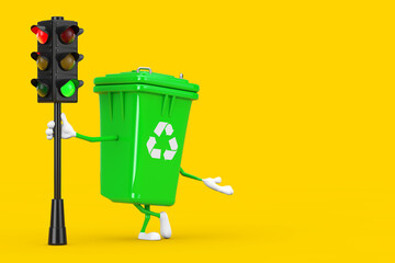 Poster - Recycle Sign Green Garbage Trash Bin Character Mascot with Traffic Green Light. 3d Rendering