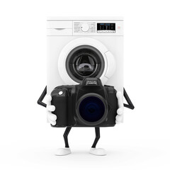 Poster - Modern White Washing Machine Character Mascot with Modern Digital Photo Camera. 3d Rendering