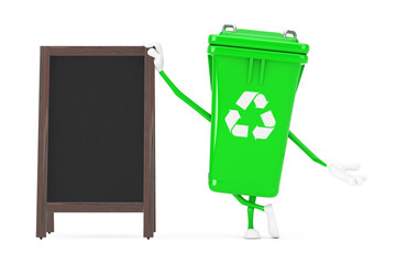 Poster - Recycle Sign Green Garbage Trash Bin Character Mascot with Blank Wooden Menu Blackboards Outdoor Display . 3d Rendering