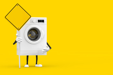 Aufkleber - Modern White Washing Machine Character Mascot and Yellow Road Sign with Free Space for Yours Design. 3d Rendering