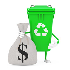 Fototapete - Recycle Sign Green Garbage Trash Bin Character Mascot with Tied Rustic Canvas Linen Money Sack or Money Bag with Dollar Sign. 3d Rendering