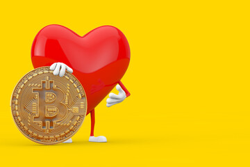 Aufkleber - Red Heart Character Mascot with Digital and Cryptocurrency Golden Bitcoin Coin. 3d Rendering