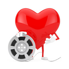 Poster - Red Heart Character Mascot with Film Reel Cinema Tape. 3d Rendering