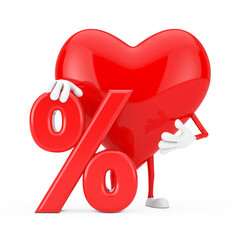 Aufkleber - Red Heart Character Mascot with Red Retail Percent Sale or Discount Sign. 3d Rendering