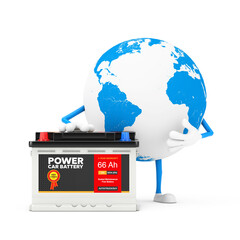 Aufkleber - Earth Globe Character Mascot and Rechargeable Car Battery 12V Accumulator with Abstract Label. 3d Rendering