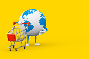 Aufkleber - Earth Globe Character Mascot with Shopping Cart Trolley. 3d Rendering