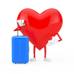 Aufkleber - Red Heart Character Mascot with Blue Travel Suitcase. 3d Rendering