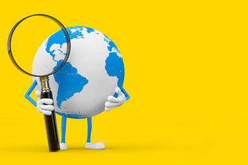 Poster - Earth Globe Character Mascot with Magnifying Glass. 3d Rendering