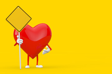 Poster - Red Heart Character Mascot and Yellow Road Sign with Free Space for Yours Design. 3d Rendering