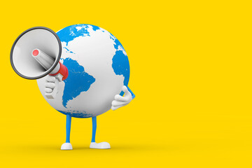 Aufkleber - Earth Globe Character Mascot with Red Retro Megaphone. 3d Rendering