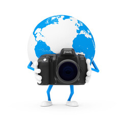 Leinwandbilder - Earth Globe Character Mascot with Modern Digital Photo Camera. 3d Rendering