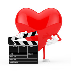 Poster - Red Heart Character Mascot with Movie Clapper Board. 3d Rendering