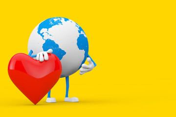 Aufkleber - Earth Globe Character Mascot with Red Heart Icon. 3d Rendering