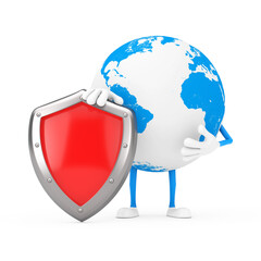 Aufkleber - Earth Globe Character Mascot with Red Metal Protection Shield. 3d Rendering