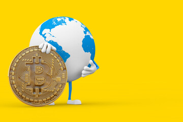 Aufkleber - Earth Globe Character Mascot with Digital and Cryptocurrency Golden Bitcoin Coin. 3d Rendering