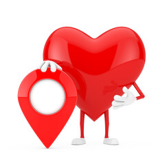 Poster - Red Heart Character Mascot with Red Map Pointer Targe Pin. 3d Rendering
