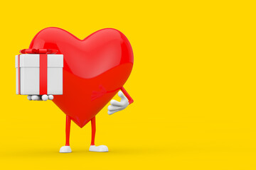 Aufkleber - Red Heart Character Mascot with Gift Box and Red Ribbon. 3d Rendering