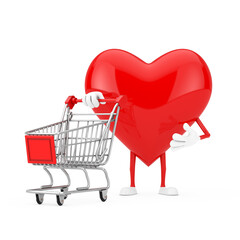 Aufkleber - Red Heart Character Mascot with Shopping Cart Trolley. 3d Rendering