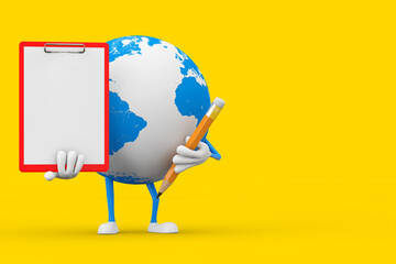 Poster - Earth Globe Character Mascot with Red Plastic Clipboard, Paper and Pencil. 3d Rendering