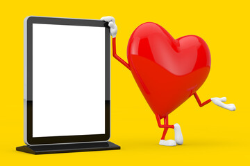 Poster - Red Heart Character Mascot with Blank Trade Show LCD Screen Stand as Template for Your Design. 3d Rendering
